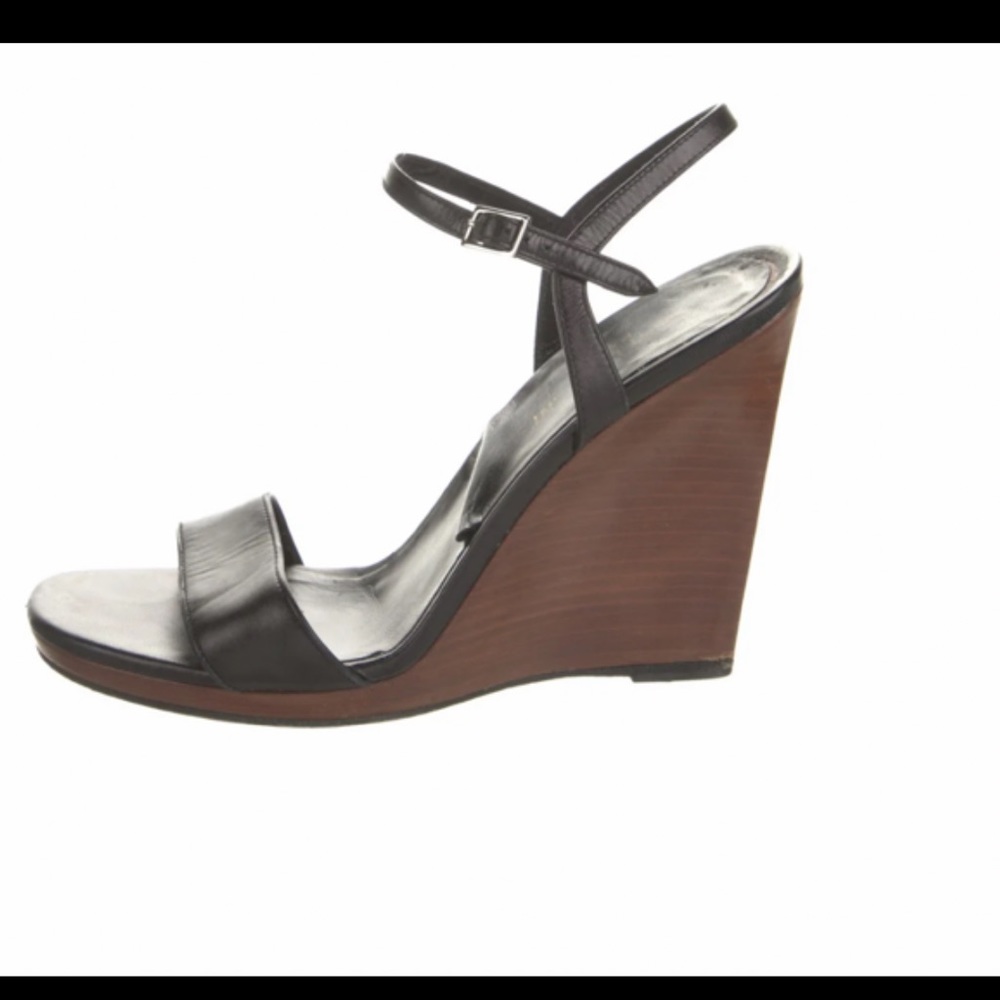 Saint Laurent YSL Women's Black Leather Wedges Ankle Strap Sandals Shoes Sz 38